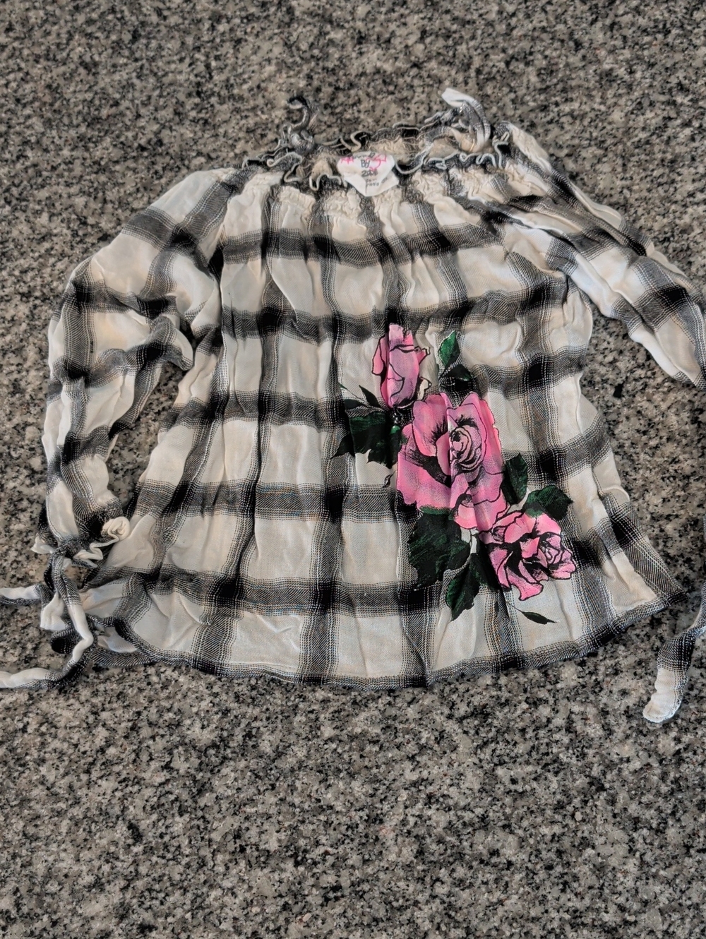 Flowers by Zoe White Black Plaid Top with Pink Rose Applique